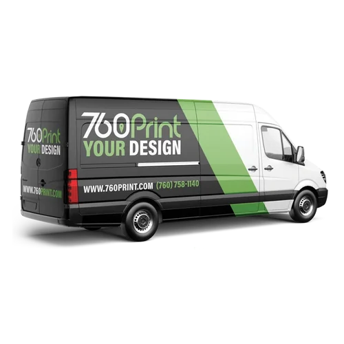A high-roof service van displaying custom corporate fleet graphics, phone number, and website decals printed by 760 Print Vista, CA.