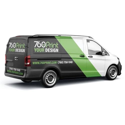 White and green three-quarter coverage commercial cargo van wrap featuring custom company branding, logo decals, phone number, and website graphics.