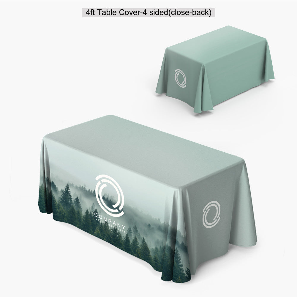 Custom printed 4ft 3-sided open-back table cover featuring a full-bleed forest landscape print and front panel logo, produced by 760 Print in Vista.