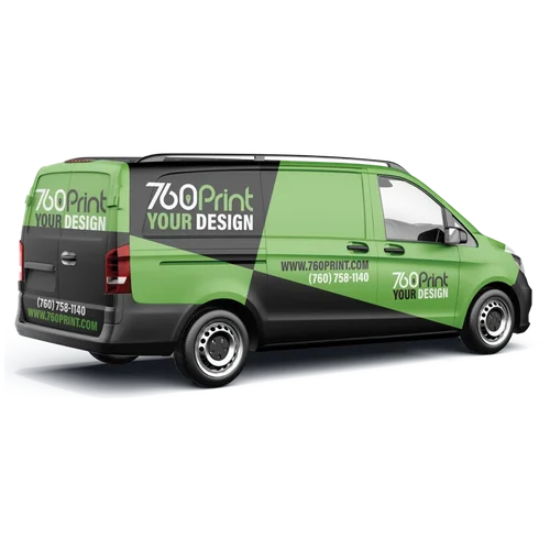 Full commercial vinyl sprinter van in green and black, displaying custom business branding, website, and phone number graphics throughout the graphic.