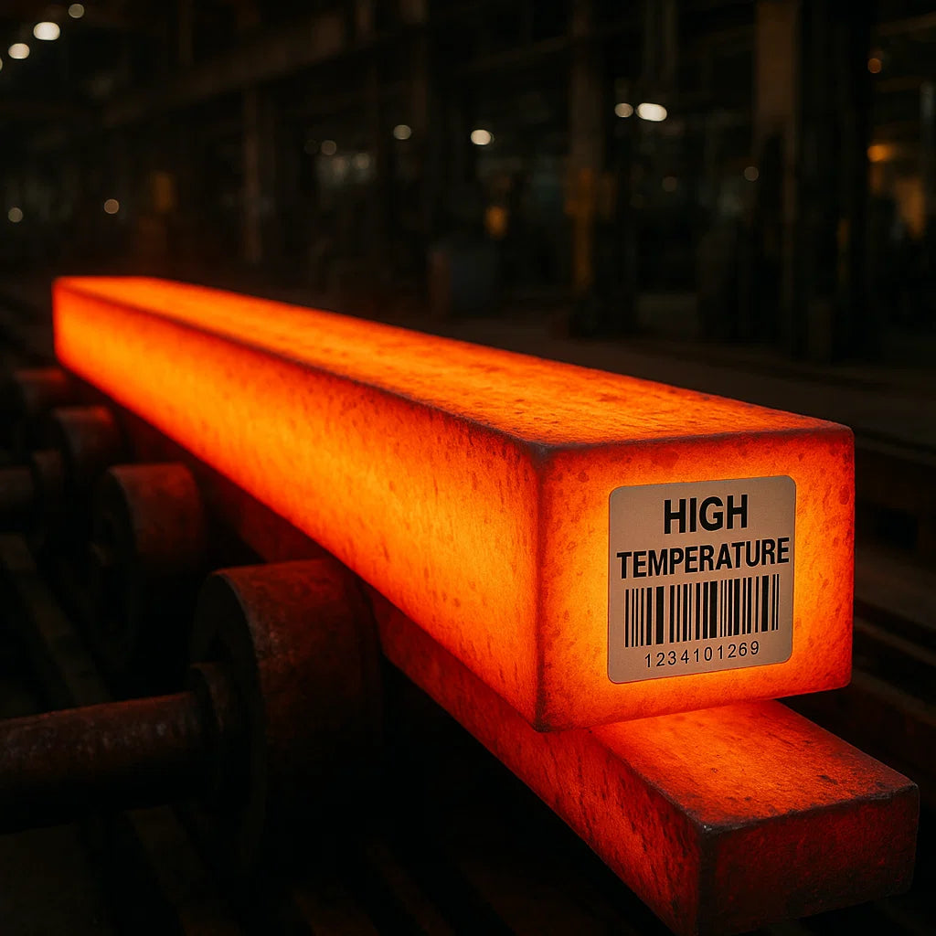 Thermal-resistant barcode asset tag and QR code label designed to withstand extreme high temperatures for manufacturing and industrial tracking.