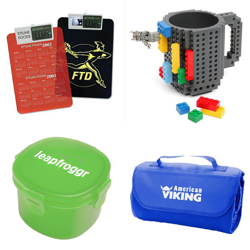 A collection of various promotional products including a Lego mug, clipboard, bag, packaging.