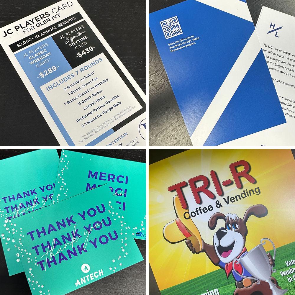 Examples of professional business printing showing the ability to print flyers, hang tags, die cutting accurately.