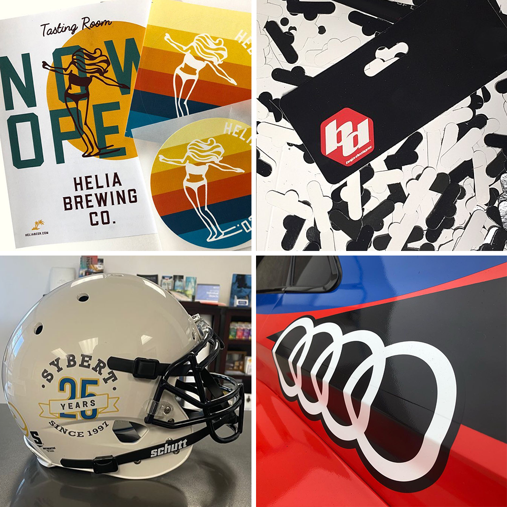 A collection of four styles of promotional items that include car wraps, stickers, and hangers.