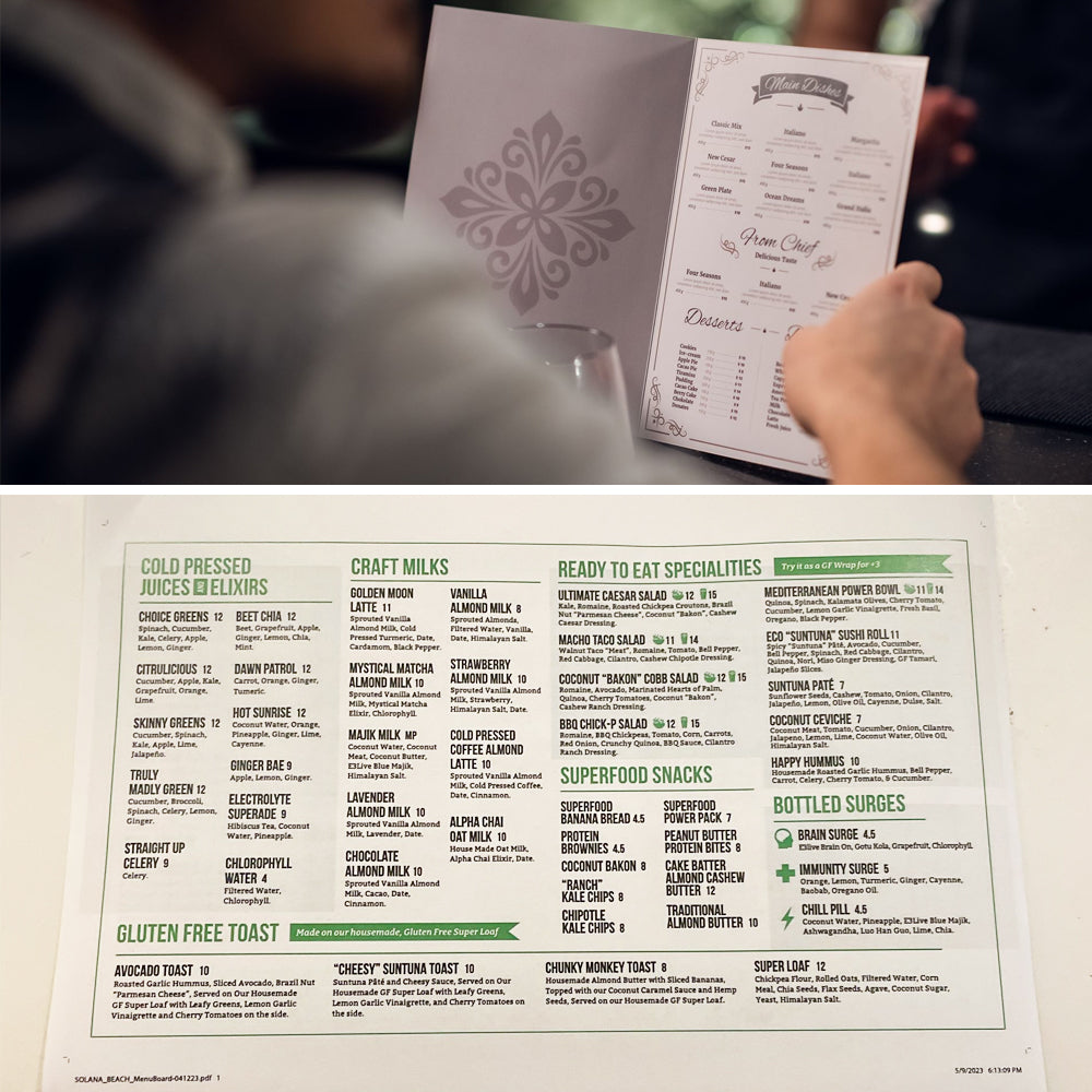 A menu with various food items listed, including gluten free toasts, craft milks, and ready to eat salads. The menu is presented on a table with a person holding it.