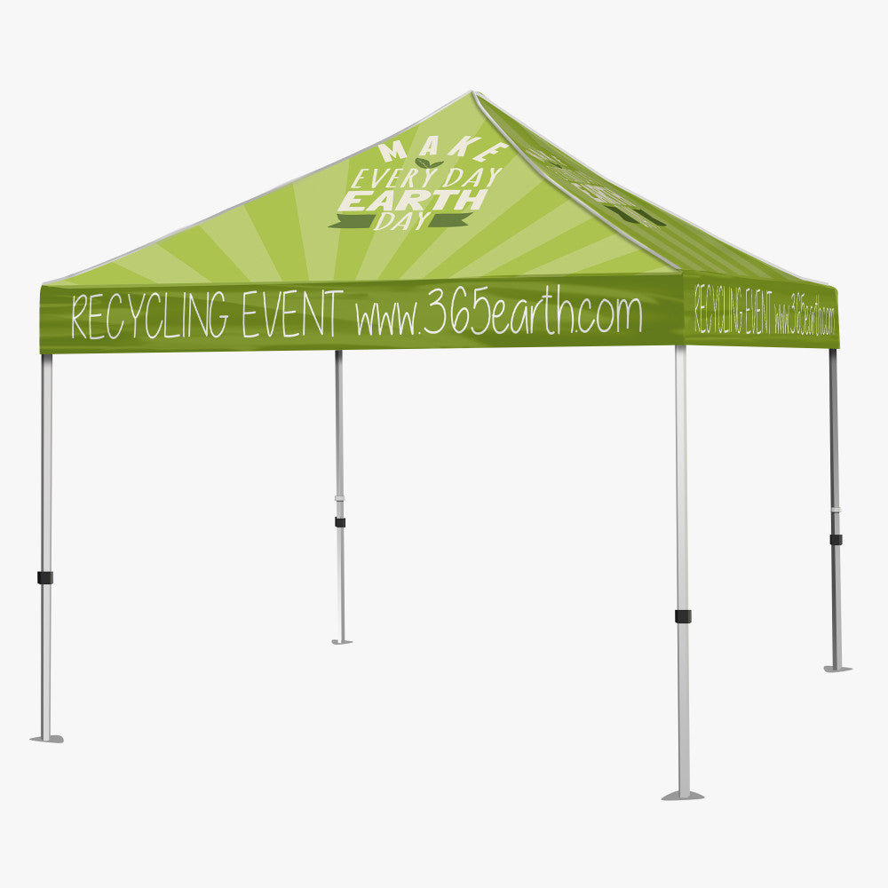 Green 10x10 outdoor event tent fully set up with aluminum frame.
