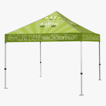 Green 10x10 outdoor event tent fully set up with aluminum frame.