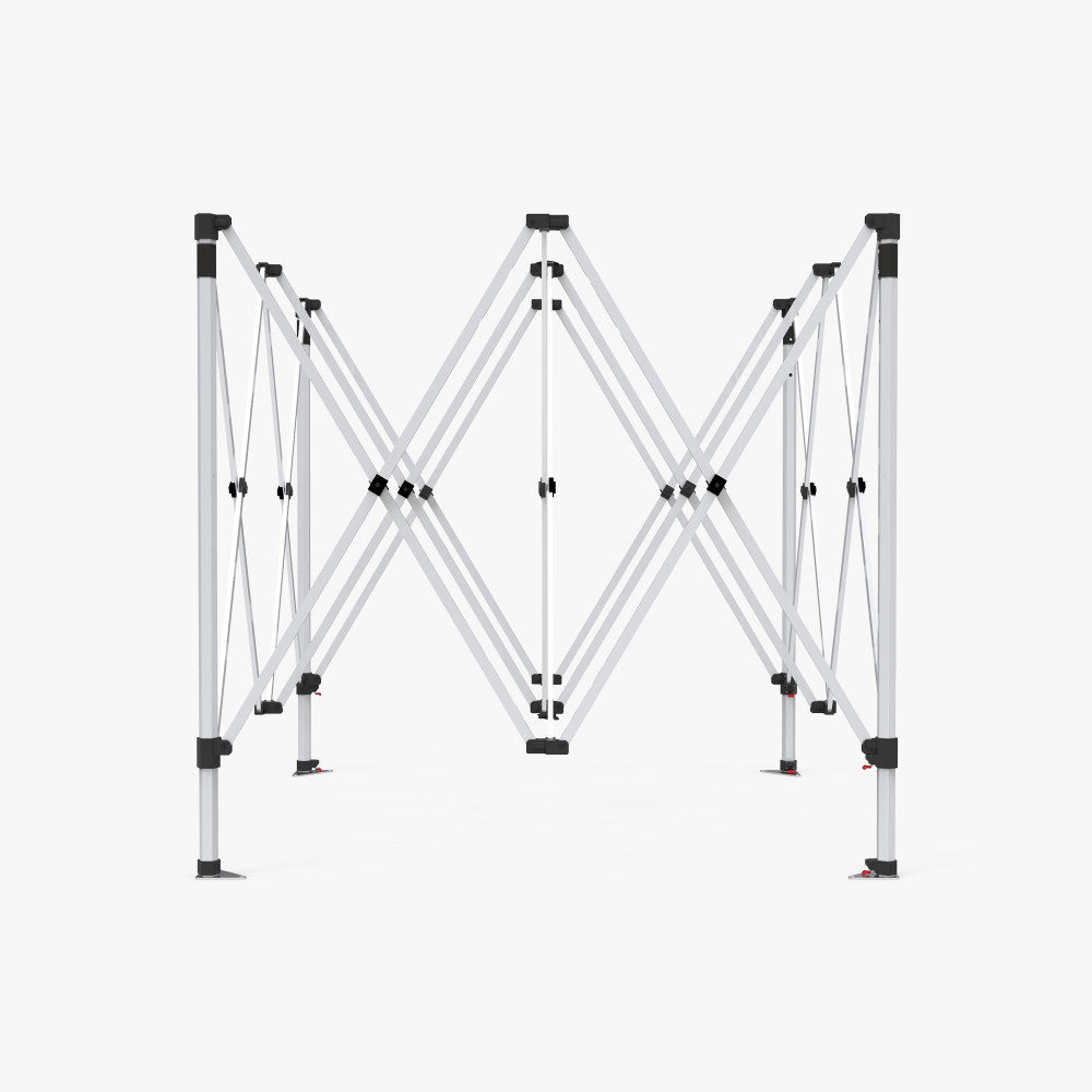 Heavy-duty accordion style aluminum frame for a 10ft pop-up event tent.