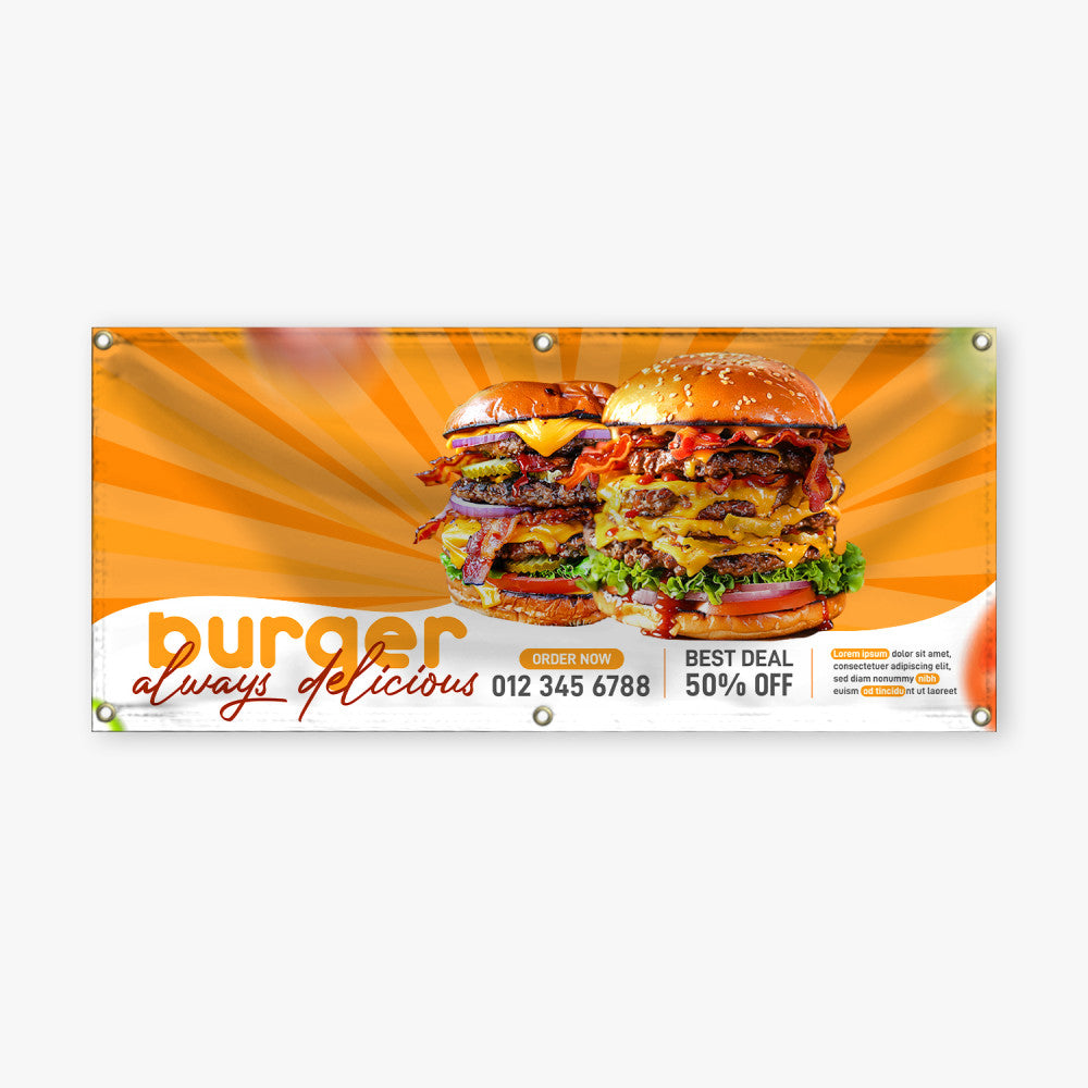 Custom 13oz vinyl banner printed for burger restaurant promotions with metal grommets for outdoor display.