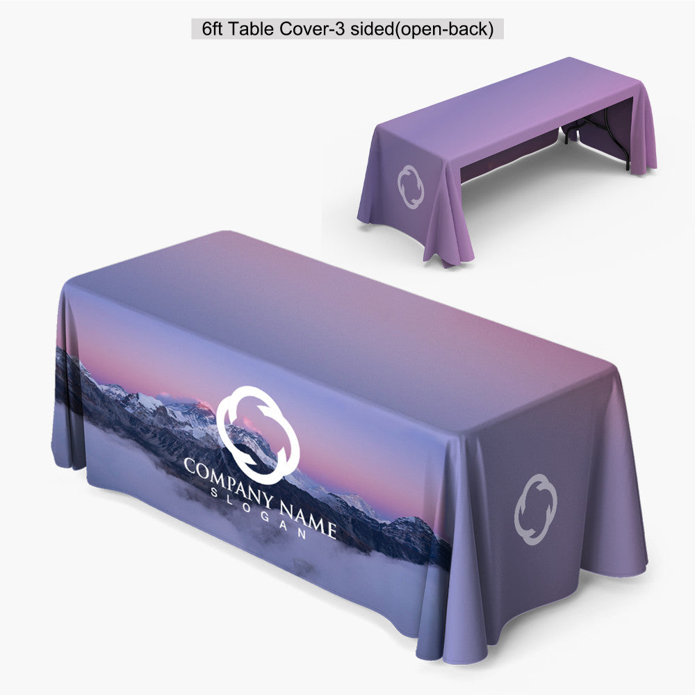 Custom printed 6ft 3-sided open-back table cover featuring a full-bleed forest mountain print and front panel logo, produced by 760 Print in Vista.