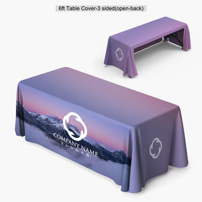 Custom printed 6ft 3-sided open-back table cover featuring a full-bleed forest mountain print and front panel logo, produced by 760 Print in Vista.
