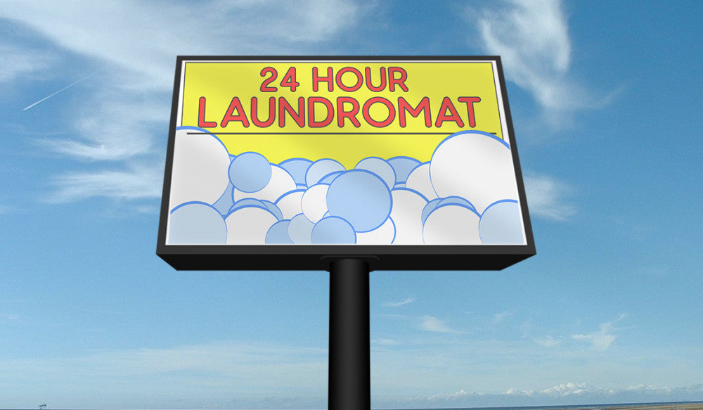 Illuminated outdoor 24 hour laundromat backlit vinyl banner signboard with yellow and pink typography by 760 Print in Vista.