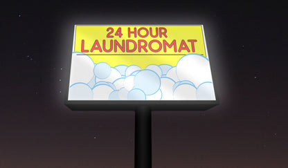 Illuminated outdoor 24 hour laundromat backlit vinyl banner signboard with yellow and pink typography by 760 Print.