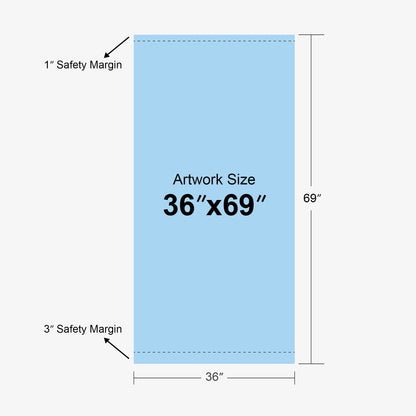 Template diagram for a 36x69 inch custom deluxe retractable banner by 760 Print in Vista, showing the artwork size and safety margins.