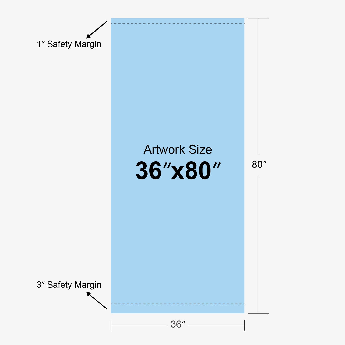Template diagram for a 36x80 inch custom retractable banner by 760 Print in Vista, showing the artwork size and safety margins.