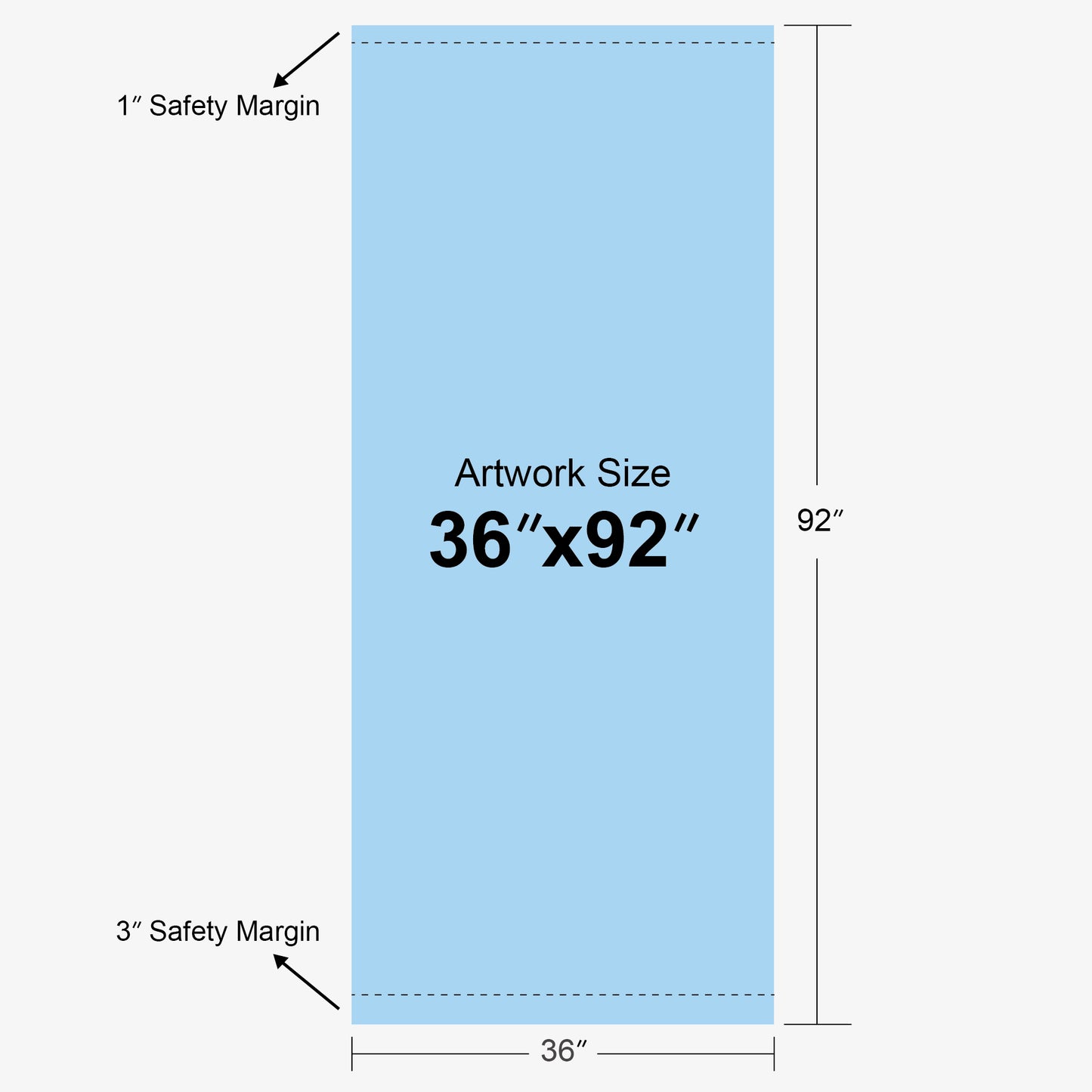 Template diagram for a 36x92 inch custom retractable banner by 760 Print in Vista, showing the artwork size and safety margins.