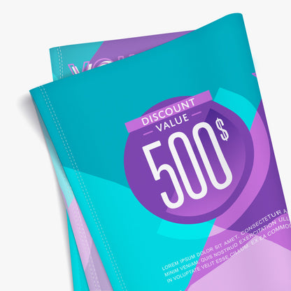 Custom printed 9.5oz blockout fabric banner with blue, purple, and magenta graphics displaying promotional discount value by 760 Print in Vista.