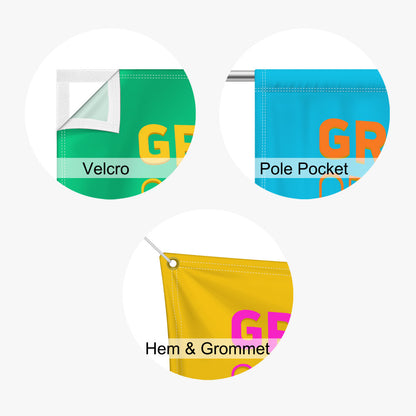 Diagram displaying 9oz wrinkle-free fabric banner finishing options including Velcro edges, pole pockets, and hem with grommets.