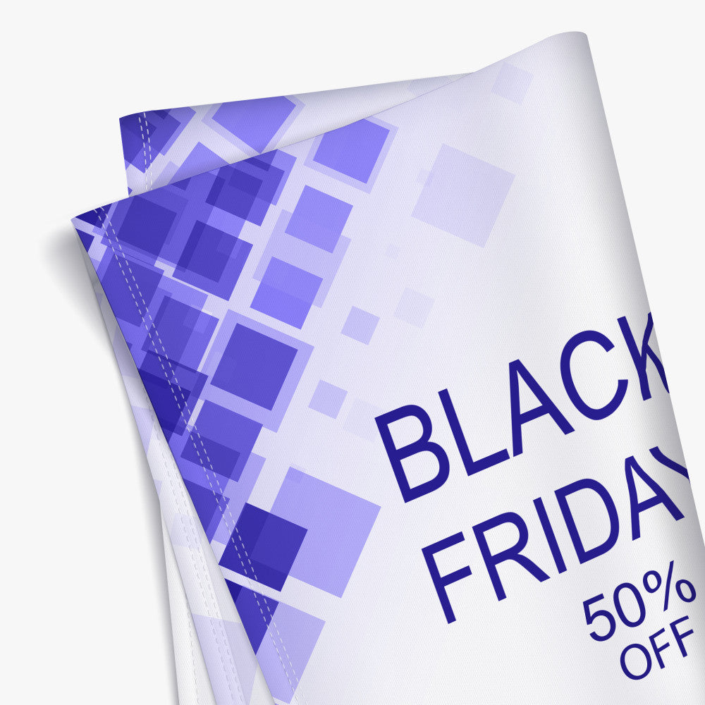 Custom 9oz wrinkle-free fabric banner printed with stitched hem edges for Black Friday retail promotions.