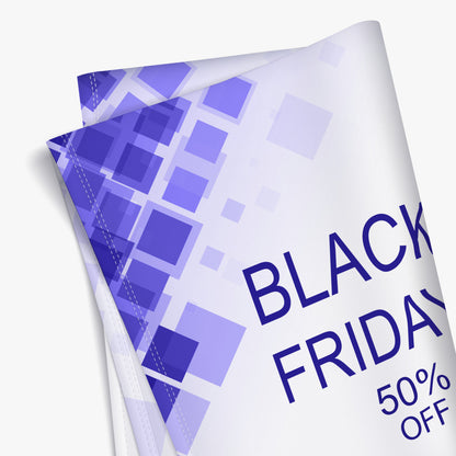 Custom 9oz wrinkle-free fabric banner printed with stitched hem edges for Black Friday retail promotions.