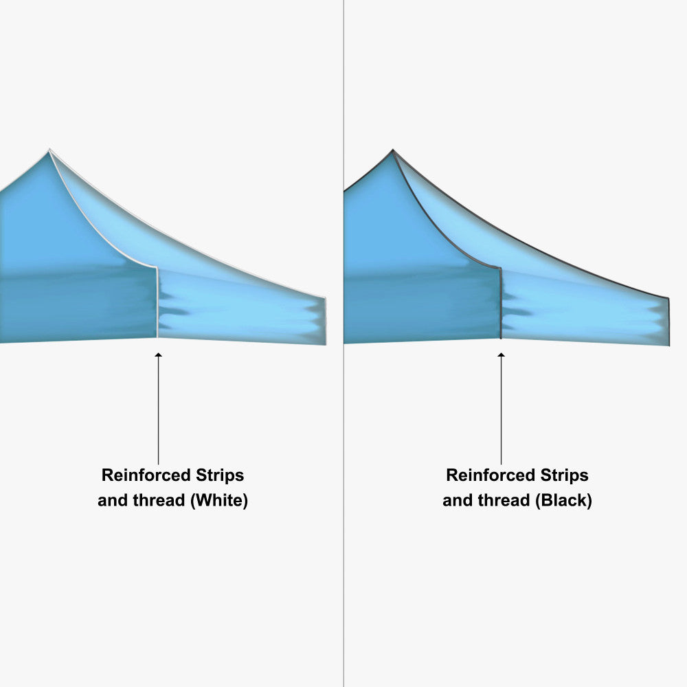 Diagram showing black and white options of reinforced strips and thread on a 10ft pop-up tent.