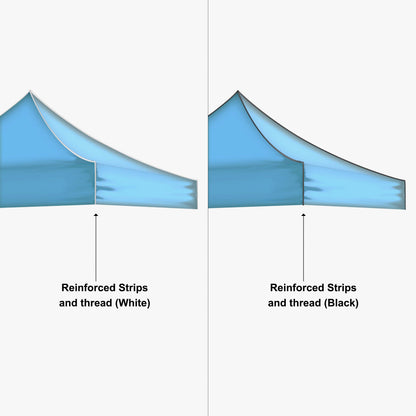 Diagram showing black and white options of reinforced strips and thread on a 10ft pop-up tent.