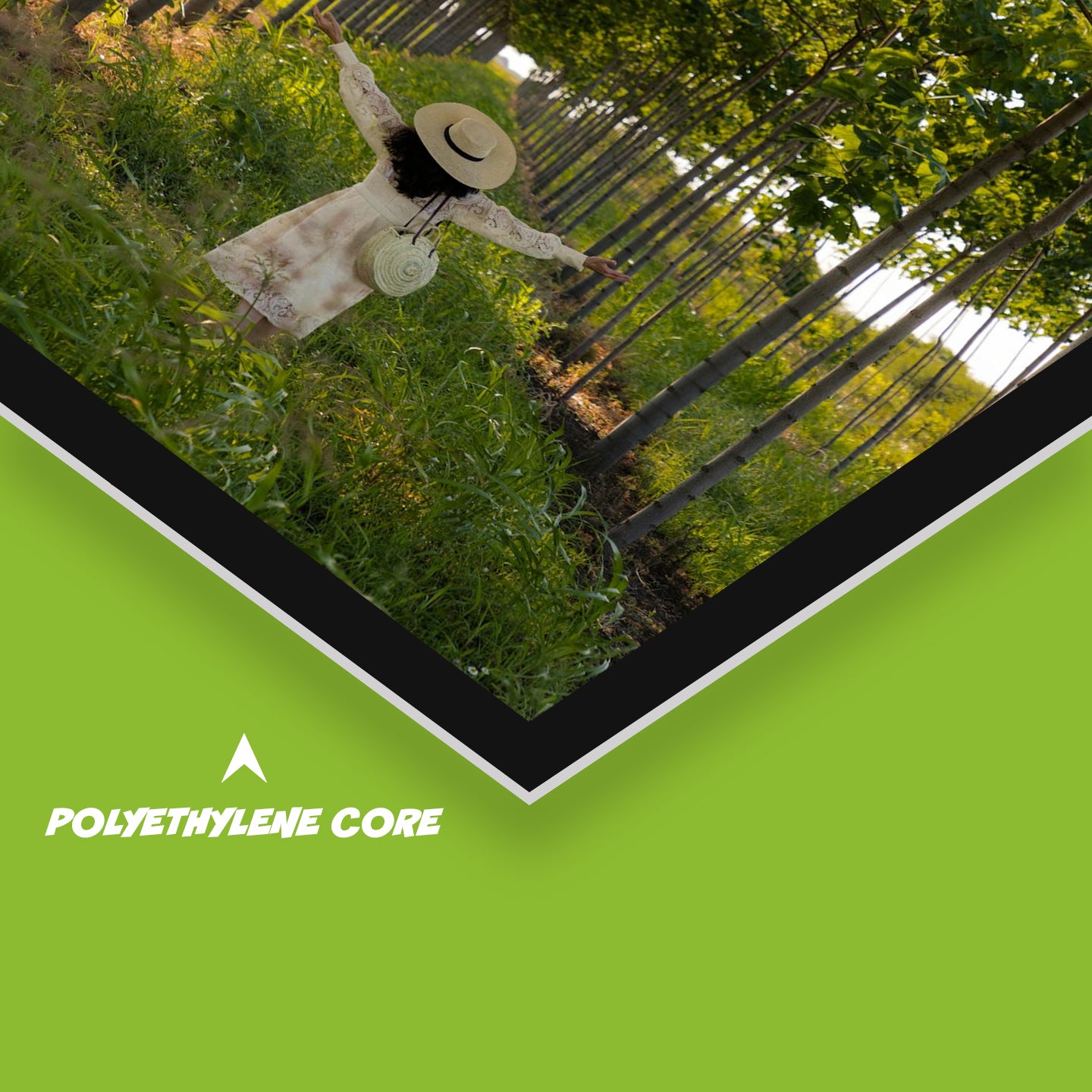 An Aluminum Sandwich Board with a polyethylene core, featuring an image of a person lying on grass surrounded by trees.