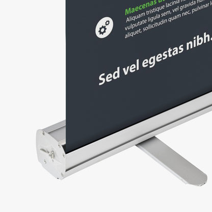 Close-up of a silver aluminum retractable banner stand base with a stabilizing foot extended, available at 760 Print in San Diego.