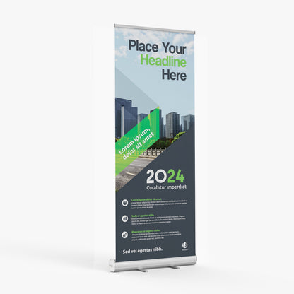 Custom printed retractable banner for an apartment complex leasing office located in San Diego featuring a green skyline design, printed by 760 Print in Vista.