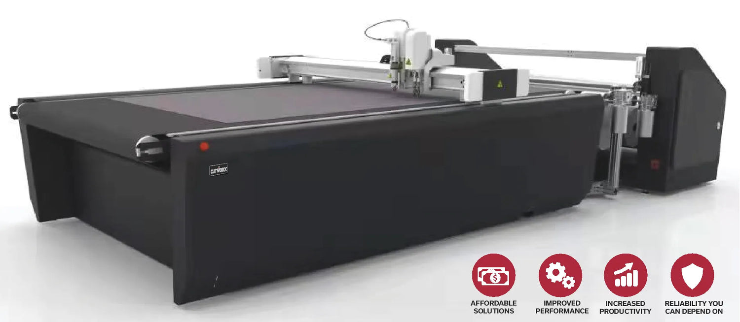 Apex Edge digital cutter used for precision cutting of vinyl, paper, and rigid signage materials in a print production environment.