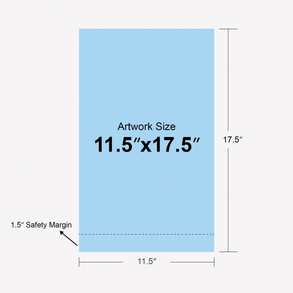 Measurement chart with a blue rectangle showing artwork size 11.5" x 17.5" and safety margin on a white background.