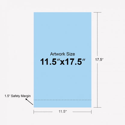 Measurement chart with a blue rectangle showing artwork size 11.5" x 17.5" and safety margin on a white background.