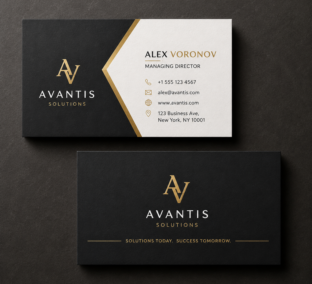 Two Avantis Solutions business cards shown on a dark textured background, with one front design and one back design. The cards are black with white and gold typography and a gold diagonal accent.