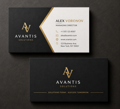 Two Avantis Solutions business cards shown on a dark textured background, with one front design and one back design. The cards are black with white and gold typography and a gold diagonal accent.