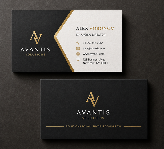 Two Avantis Solutions business cards shown on a dark textured background, with one front design and one back design. The cards are black with white and gold typography and a gold diagonal accent.