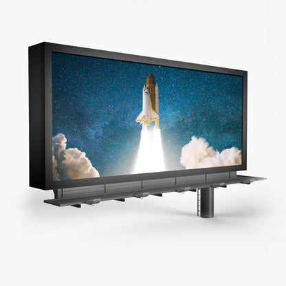 Custom backlit vinyl banner graphic featuring a space shuttle launch displayed on an illuminated outdoor billboard structure by 760 Print.