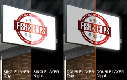 Comparison showing single layer versus double layer backlit vinyl banner print vibrancy during day and night illumination by 760 Print in Vista.