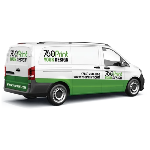 White and green partial commercial cargo van wrap featuring custom company branding, logo decals, phone number, and website graphics.