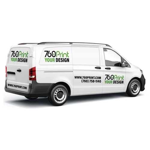 A partial commercial cargo van wrap and fleet graphics design on a white pickup truck, printed by 760 Print in Vista, California.