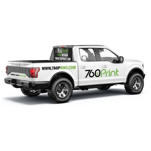A partial commercial truck wrap and fleet graphics design on a white pickup truck, printed by 760 Print in Vista, California.