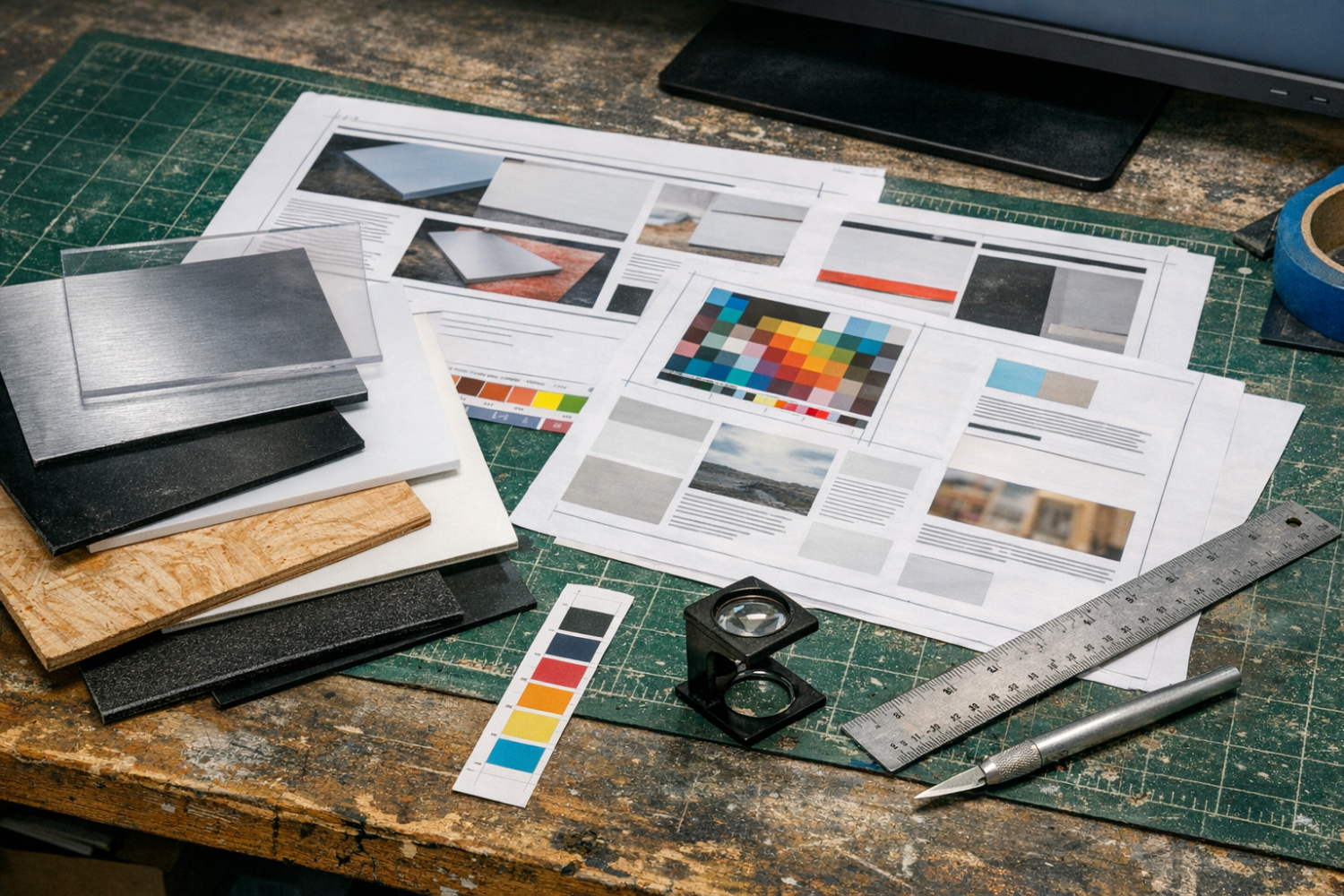 Custom graphic design and print file preparation workspace at 760 Print in Vista, featuring printed layouts, color swatches, acrylic sign samples, and precision proofing tools on a rustic wooden worktable.