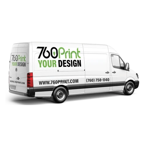 A partial commercial sprinter van wrap and fleet graphics design on a white pickup truck, printed by 760 Print in Vista, California.