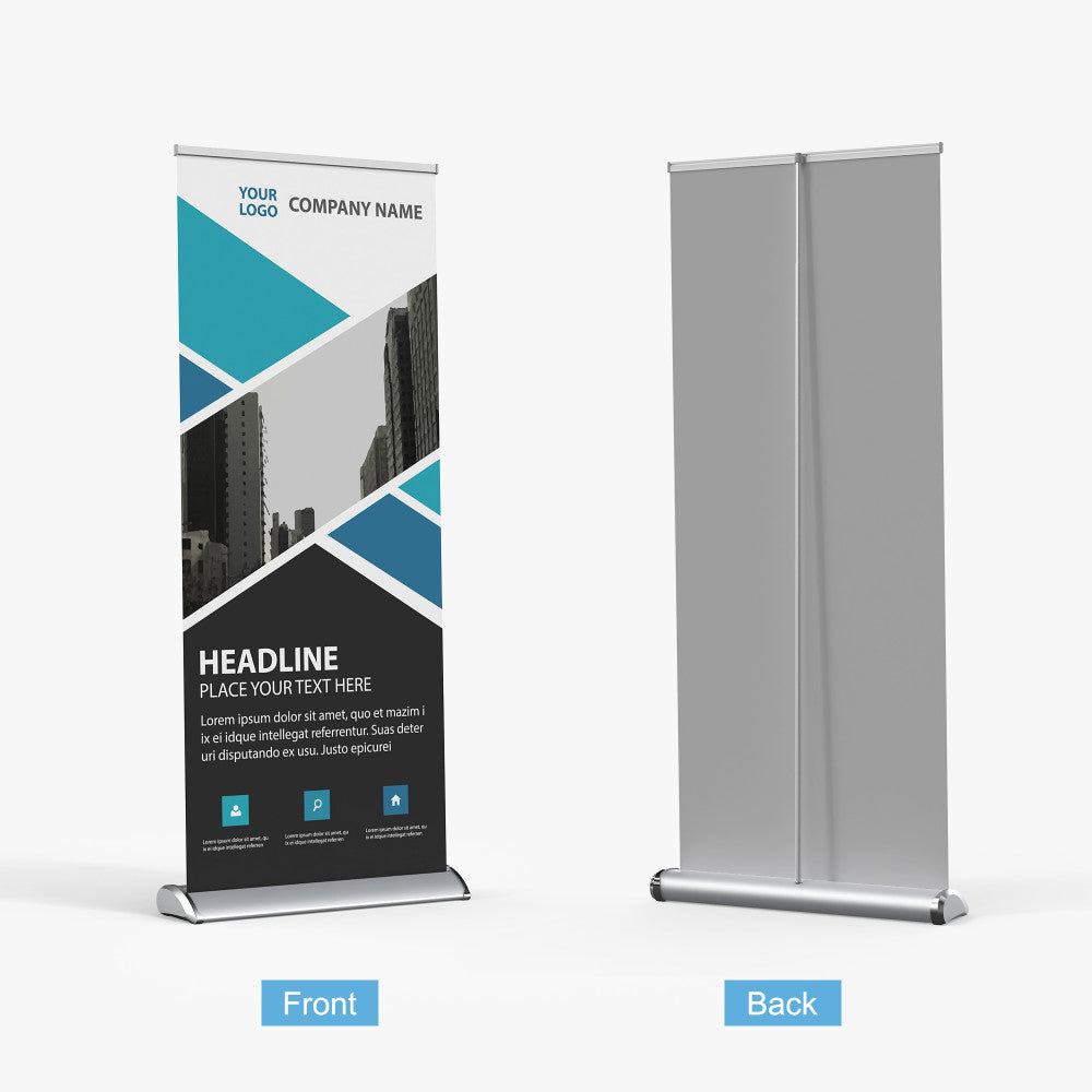 A silver aluminum roll-up banner display showing both the front graphic and back support pole, perfect for corporate events and property management marketing.