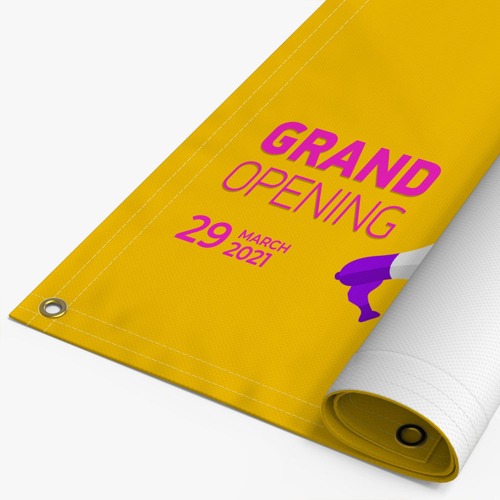 Custom printed 13oz yellow grand opening vinyl banner with metal grommets manufactured by 760 Print in Vista.