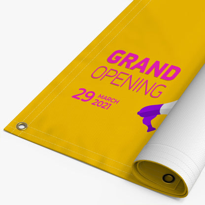 Custom printed 13oz yellow grand opening vinyl banner with metal grommets manufactured by 760 Print in Vista.