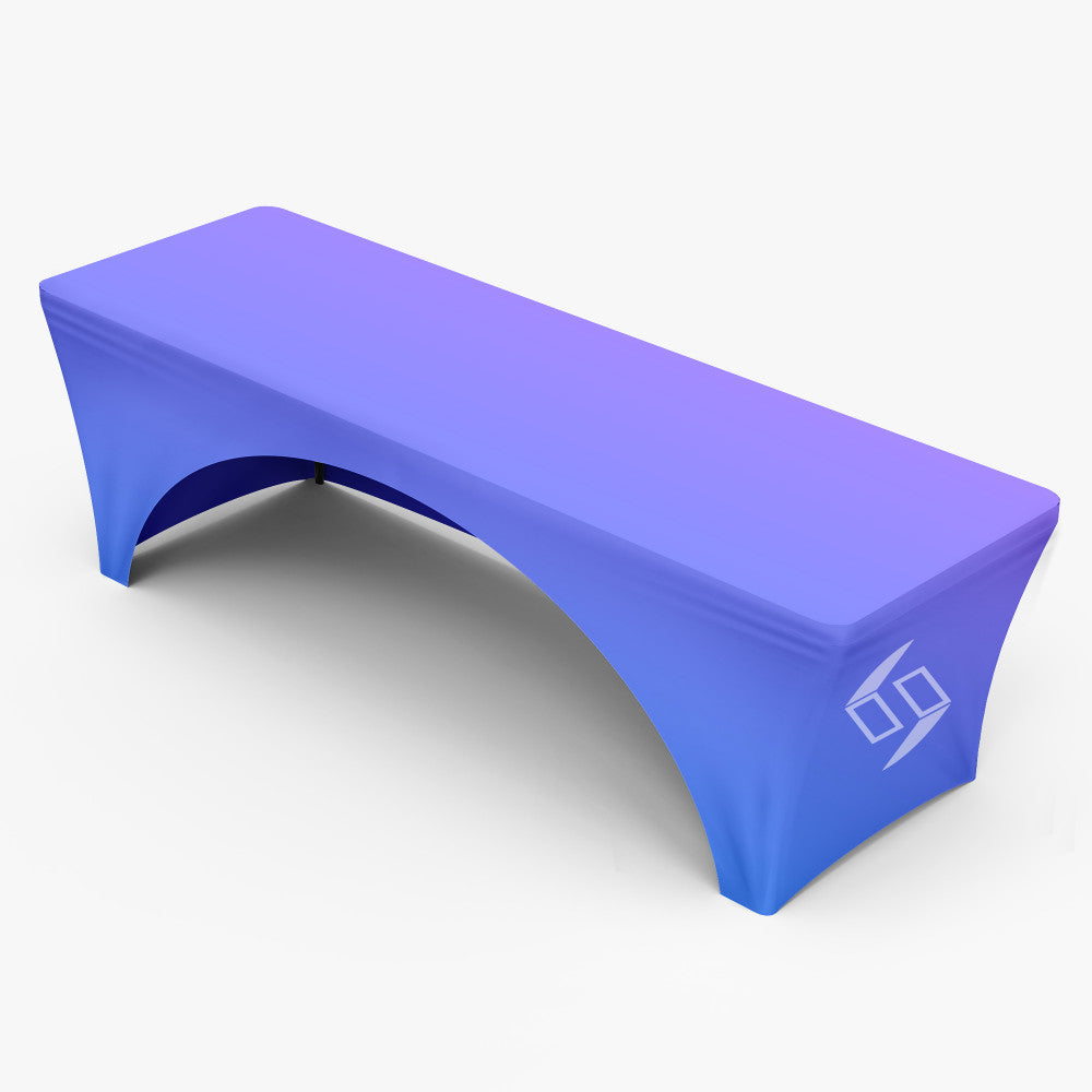 Custom printed purple 3-sided open-back stretch table cover featuring a side panel corporate logo, produced by 760 Print in Vista.
