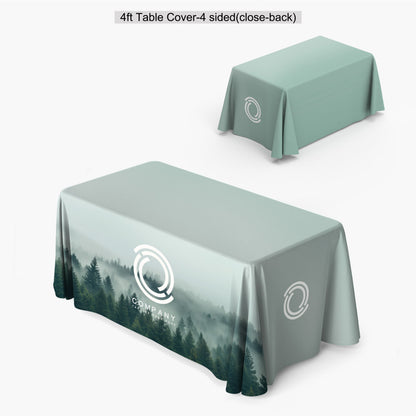 Custom printed 4ft 3-sided open-back table cover featuring a full-bleed forest landscape print and front panel logo, produced by 760 Print in Vista.