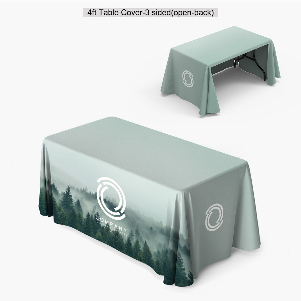 Custom printed 4ft 3-sided open-back table cover featuring a full-bleed forest landscape print and front panel logo, produced by 760 Print in Vista.