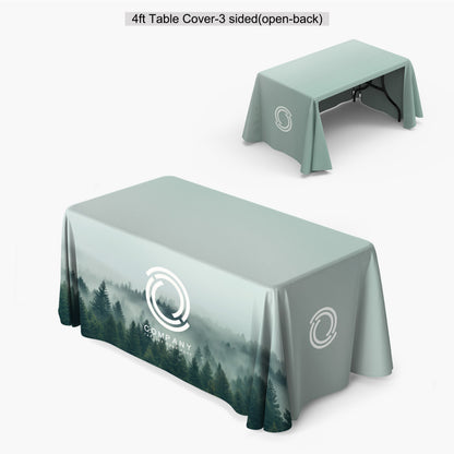 Custom printed 4ft 3-sided open-back table cover featuring a full-bleed forest landscape print and front panel logo, produced by 760 Print in Vista.