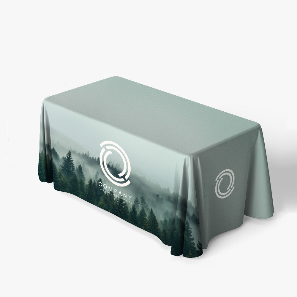 Custom printed 4ft fitted table cover featuring a full-bleed forest landscape design and a white corporate logo on the front panel, produced by 760 Print in Vista.